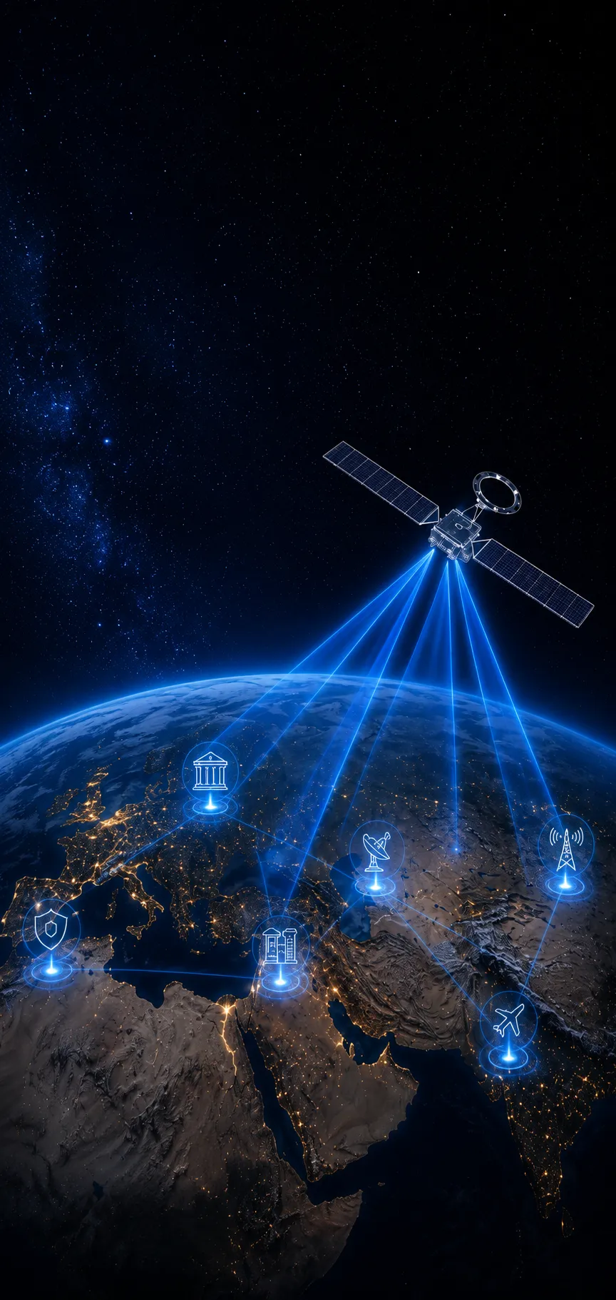Satellite in orbit beaming blue connectivity beams down to Earth, with glowing icons representing industries served across Europe at night
